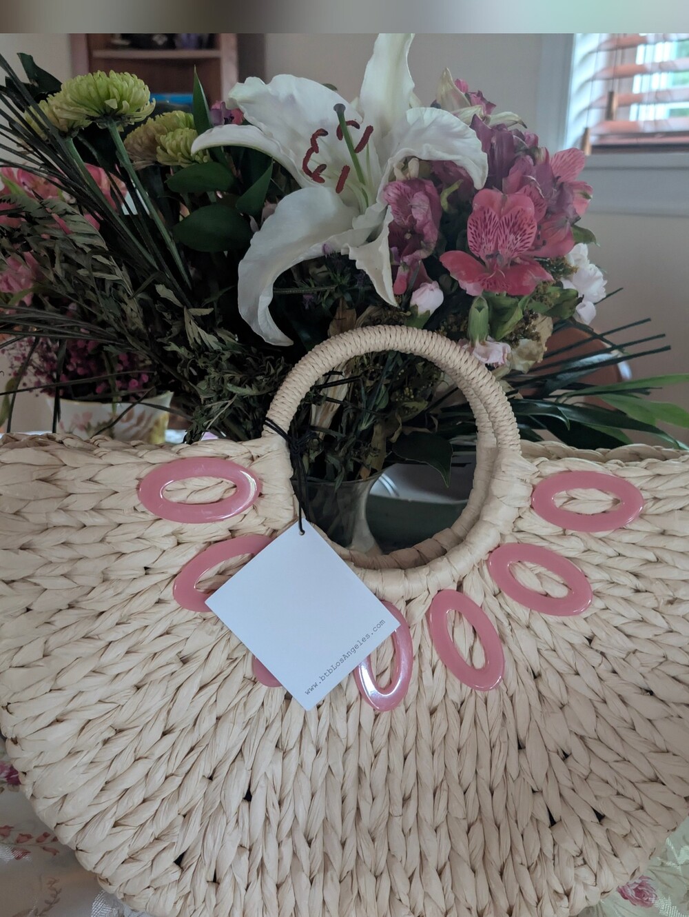 NwT Straw Tote Bag with Pink Accent Oval Rings